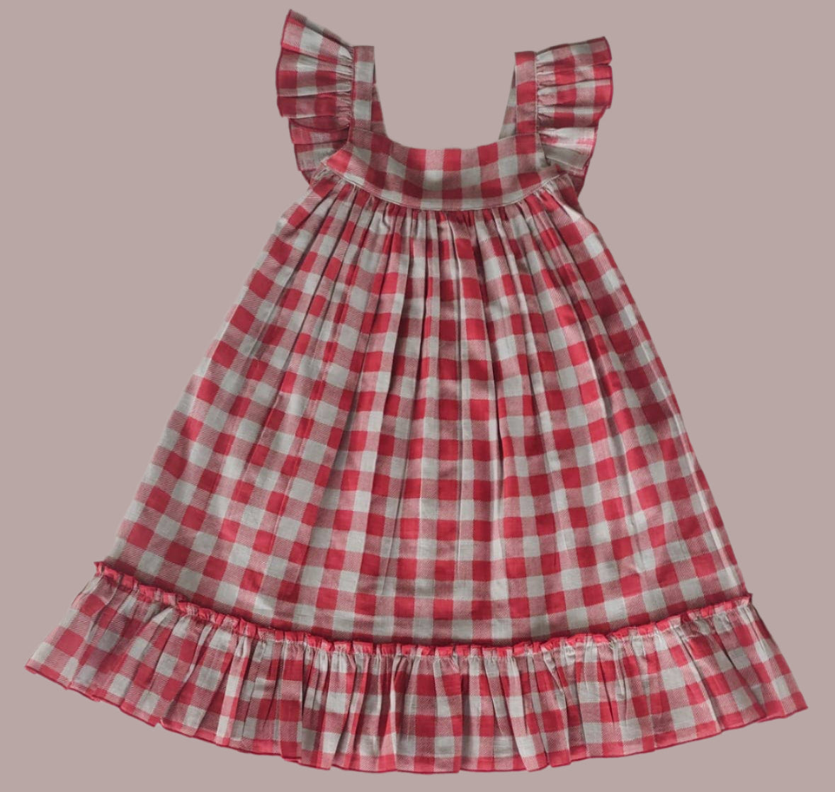 Cotton Red Checked Ruffled Sleeve Dress (*Runs Big)