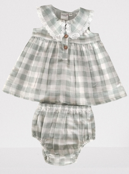 Sage Checks Dress with Delicate Lace Peter-Pan Collar (*Runs Big)