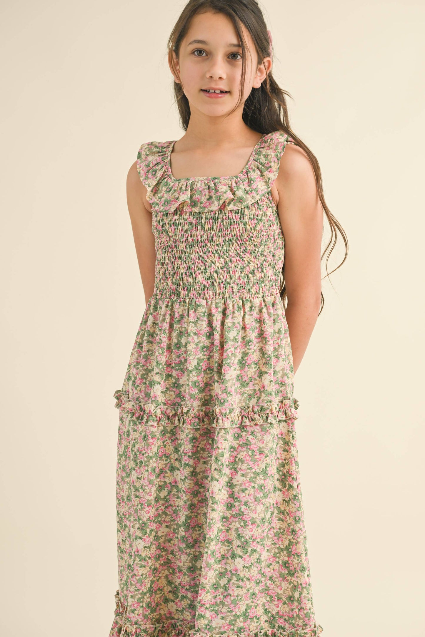 TWEEN GIRLS RUFFLE SMOCKED MAXI DRESS