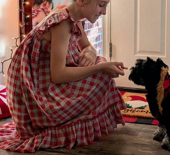 Cotton Red Checked Ruffled Sleeve Dress (*Runs Big)