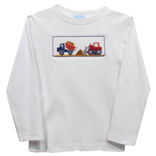Construction Smocked White Knit Long Sleeve Boys T-Shirt: