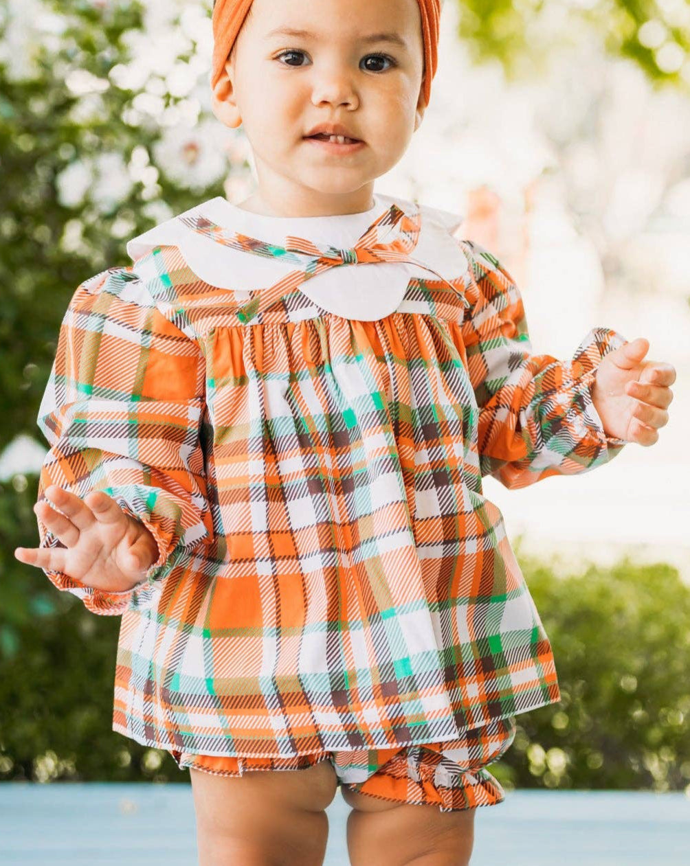 Autumn Plaid Scalloped Bishop Collar Dress & Bloomer Set: