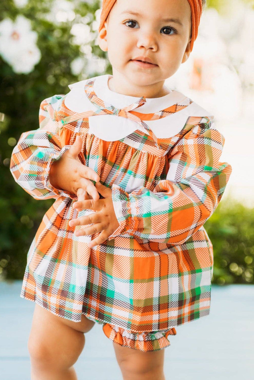 Autumn Plaid Scalloped Bishop Collar Dress & Bloomer Set: