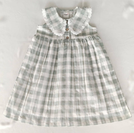 Sage Checks Dress with Delicate Lace Peter-Pan Collar (*Runs Big)