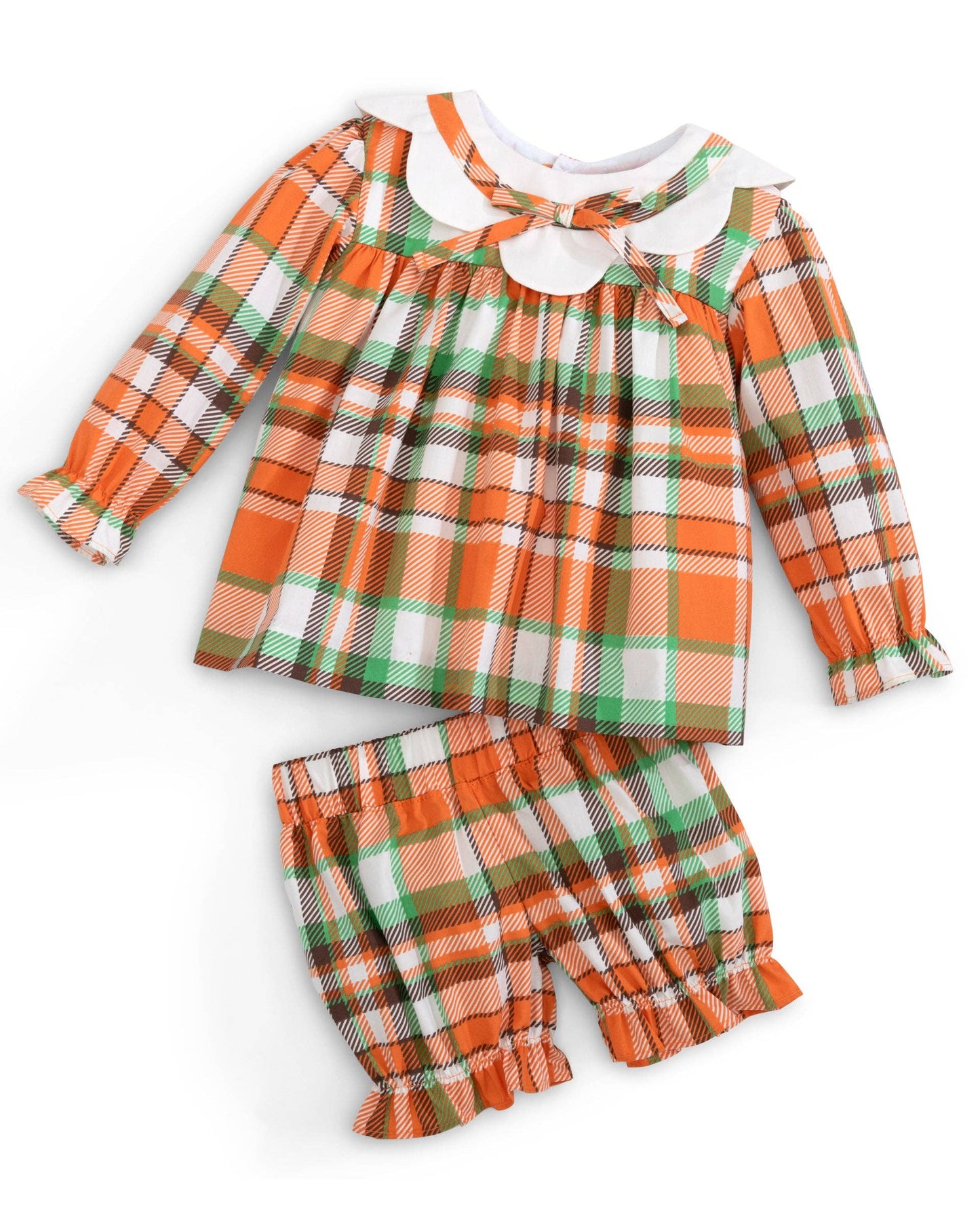 Autumn Plaid Scalloped Bishop Collar Dress & Bloomer Set: