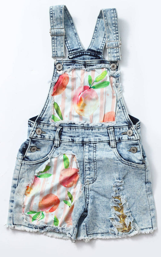 Kids Girls Peach Print Denim Short Overalls: