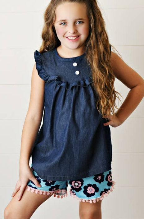 Girls Dark Jean Flower Ruffle Button Spring Two Piece Set