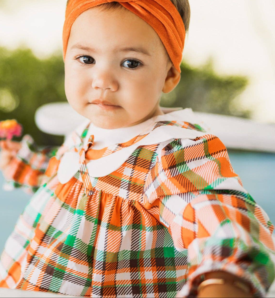 Autumn Plaid Scalloped Bishop Collar Dress & Bloomer Set: