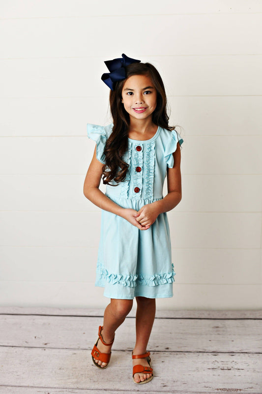 Kids Pastel Blue Ruffle Button Spring Summer Dress: 7/8