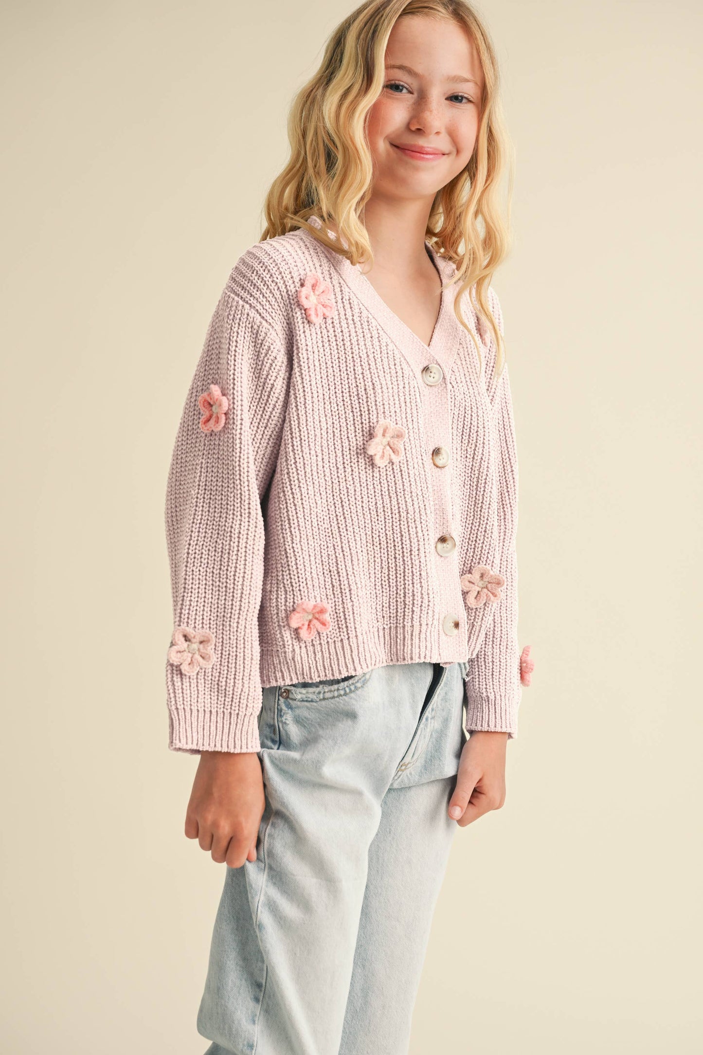 TWEEN GIRLS CARDIGAN WITH 3D CROCHET FLOW