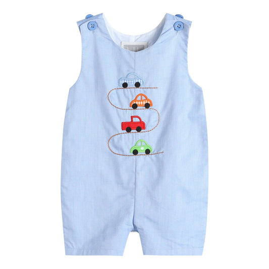 Blue Car Race Track Embroidery Shortalls: